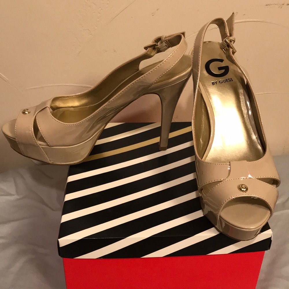G by Guess Patent Leather Nude Peep Toe Slingbacks